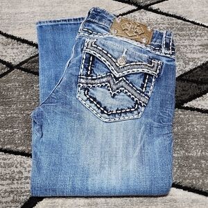 MISS ME SIGNATURE EMBROIDERED FAUX-FLAP SILVER SEQUINS CUFFED DENIM